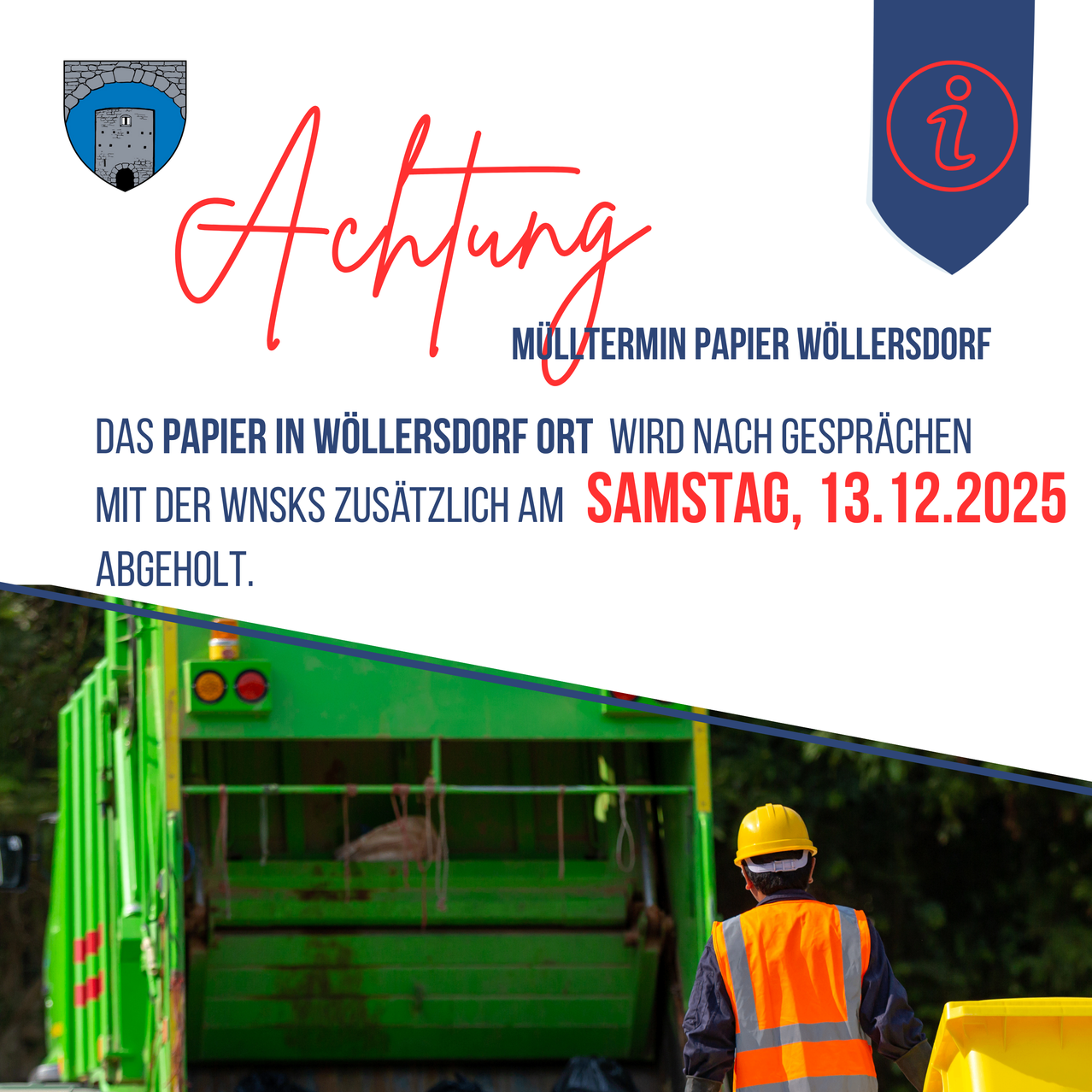Werbeplakat für die Papierabholung in Wollersdorf. Sie wird nach Gesprächen mit der WNSK am Samstag, den 13.12.2025, durchgeführt.