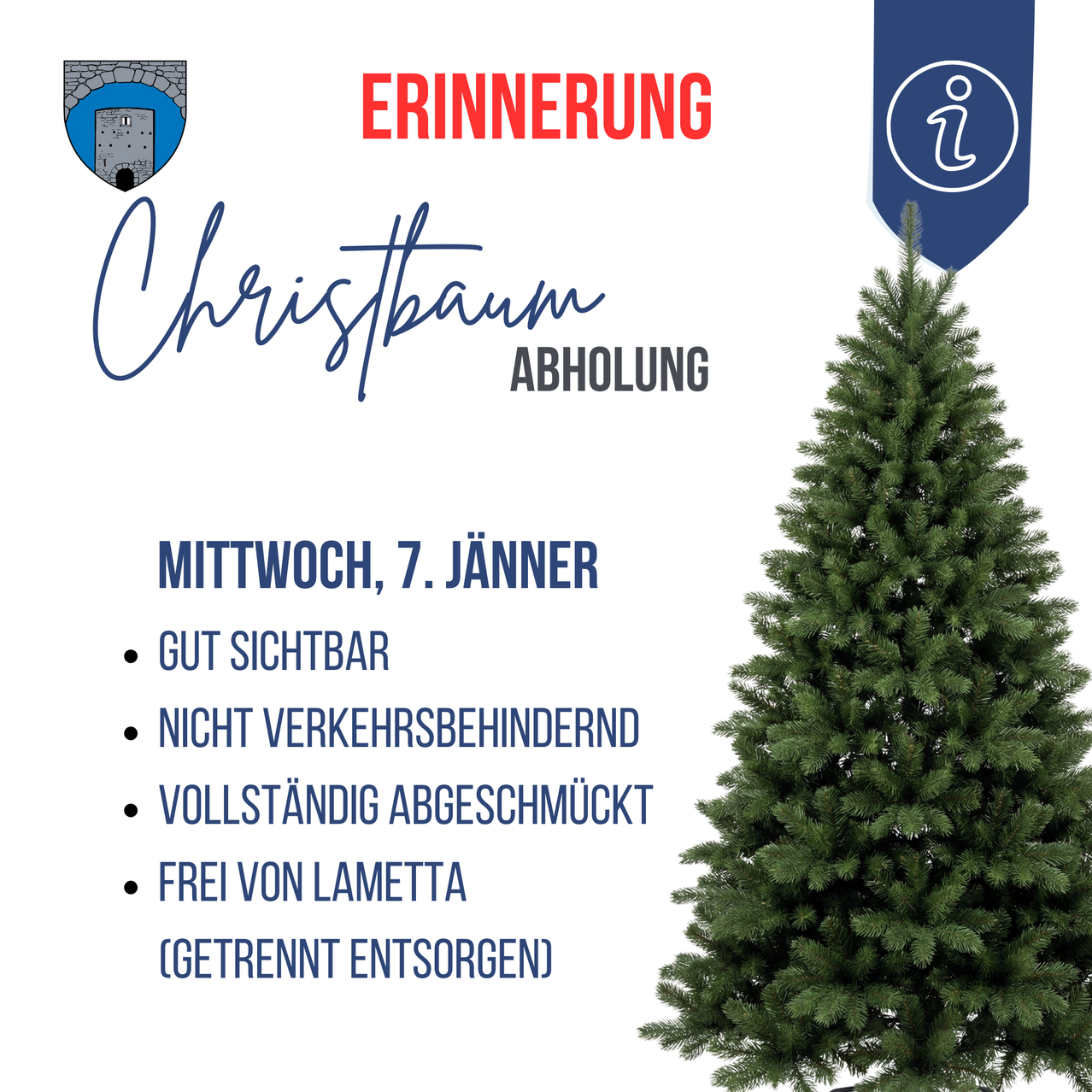 Eine Werbung für die Abholung eines Weihnachtsbaums am Mittwoch, 7. Januar. Der Baum ist vollständig geschmückt, frei von Lametta und gut sichtbar.