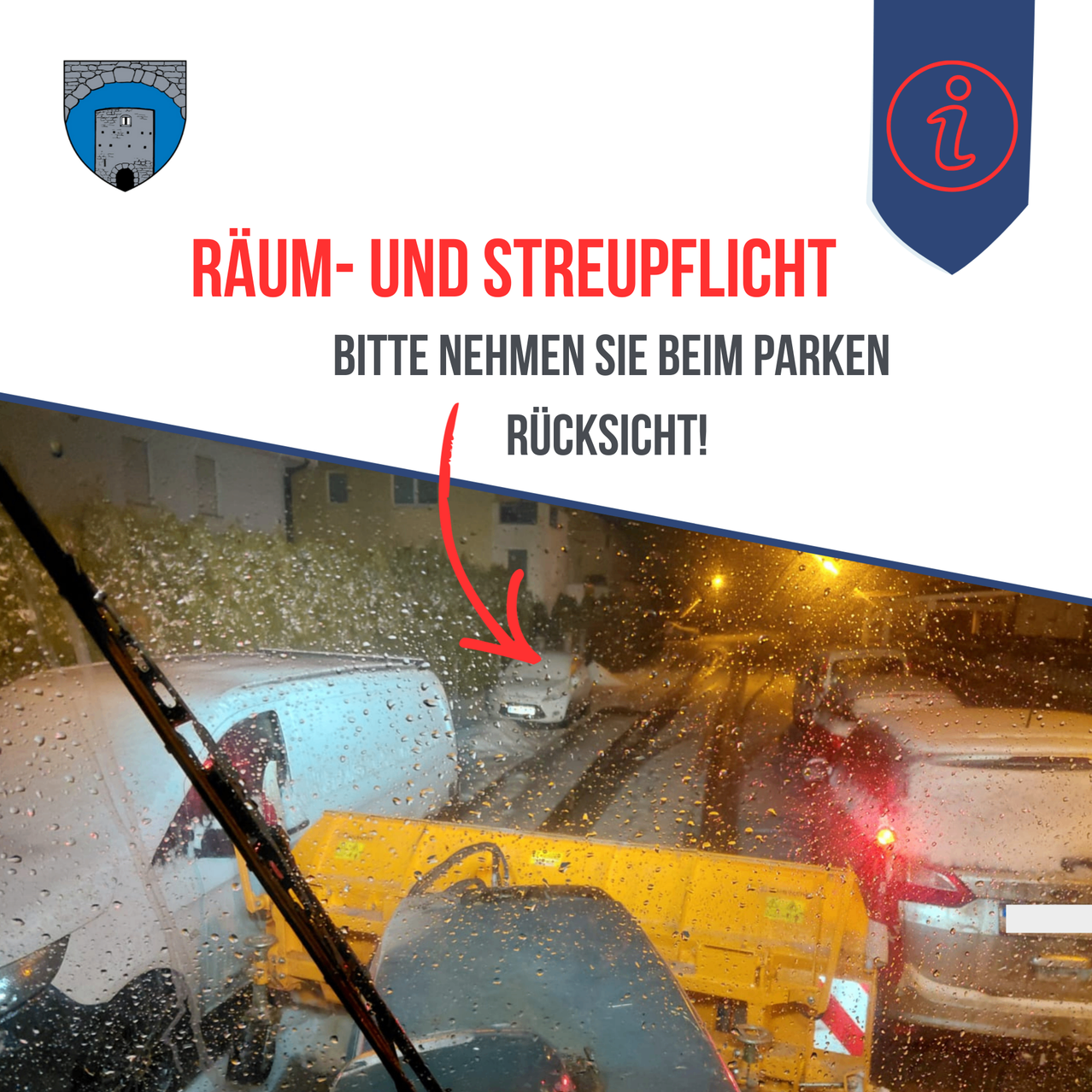 Eine Werbung für Parkplatz und Einhaltung, die eine Szene mit Autos im Regen und einem gelben Schneepflug zeigt. Sie betont die Bedeutung von Platz und Einhaltung beim Parken.