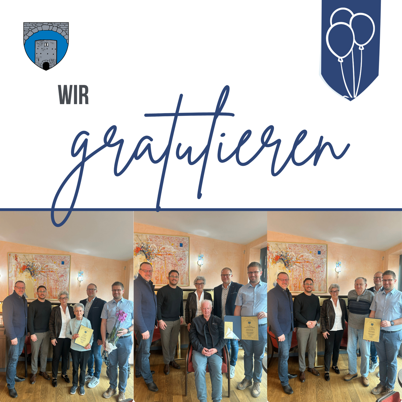 A group photo of people standing in a room, some holding certificates. The text 'WIR GRATUIIEREN' is displayed above.