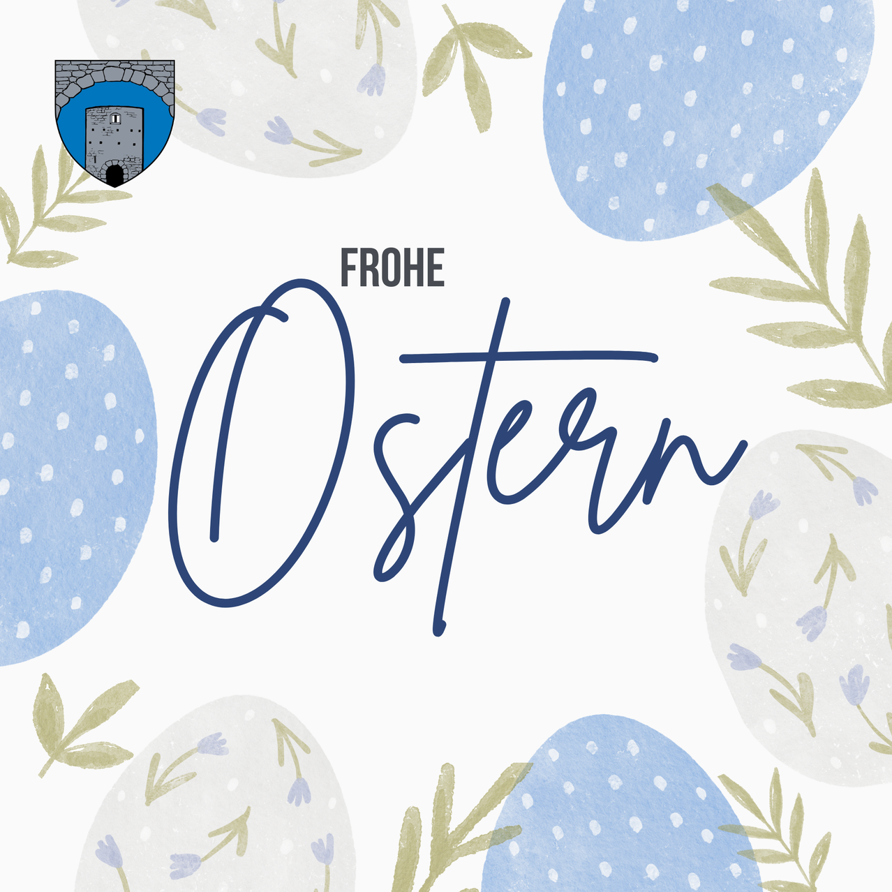 Illustration with blue eggs and green leaves. 'FROHE OSTERN' in blue calligraphy. White background with blue egg motifs.