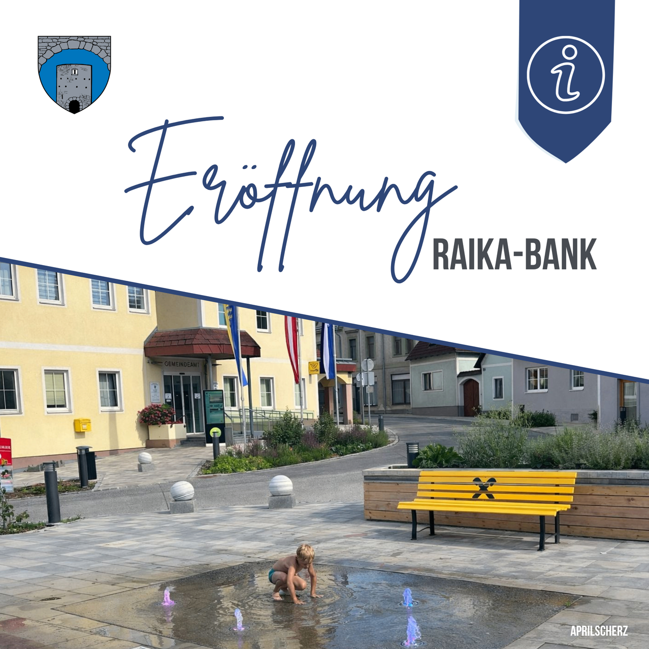 A child plays in a fountain in front of a bank building. A yellow bench is nearby.