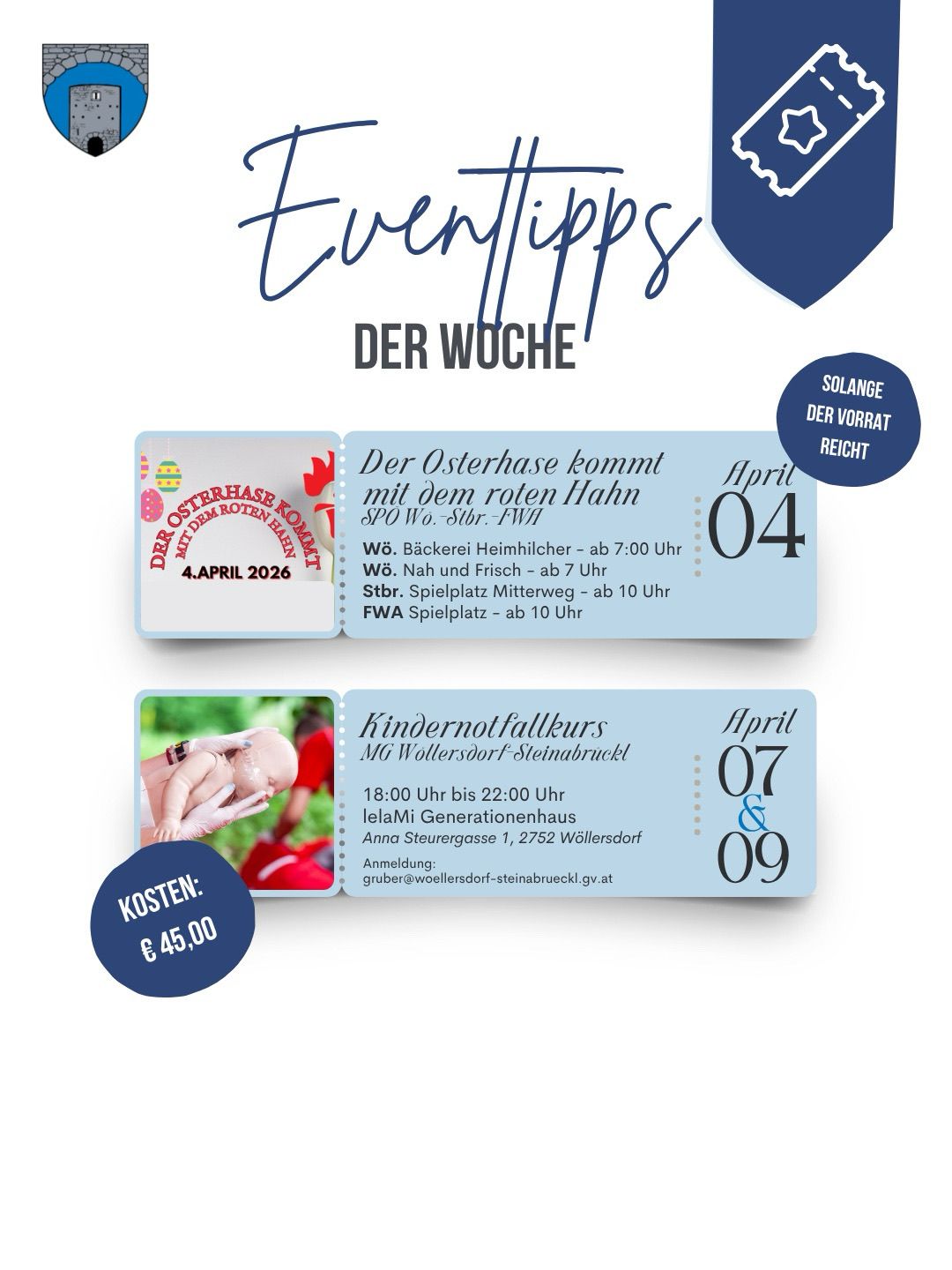Event tips for the week: Osterhase event with red rooster on April 4, 2026, and Kindernotfallkurs on April 7 and 9. Cost: 45.00 Euros.