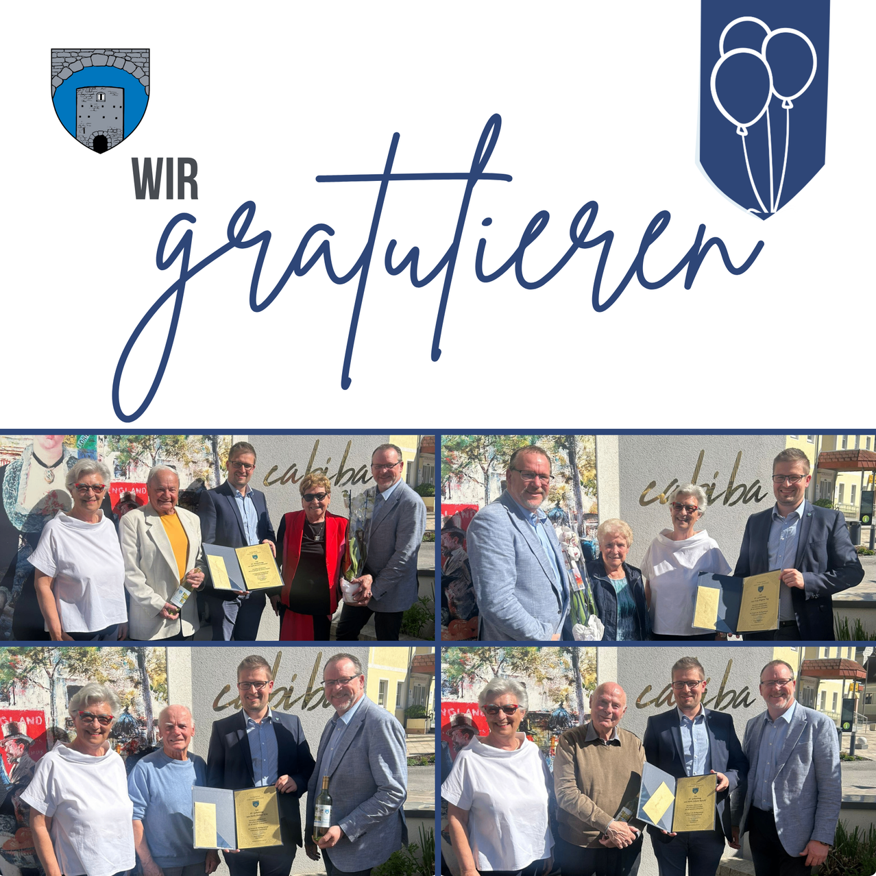 Eine Collage von Fotos, die eine Gruppe von Menschen zeigt, die Urkunden und Blumen vor einem Hintergrund halten. Der Titel lautet 'WIR gratulieren' in blauer kursiver Schrift. Die Gruppe besteht aus älteren Menschen, einschließlich Männern und Frauen. Sie alle lächeln und schauen in die Kamera. Hinter ihnen befindet sich eine Wand mit dem Wort 'Caliba' und einigen anderen Wörtern in Gold. Das Bild hat einen weißen Rand.