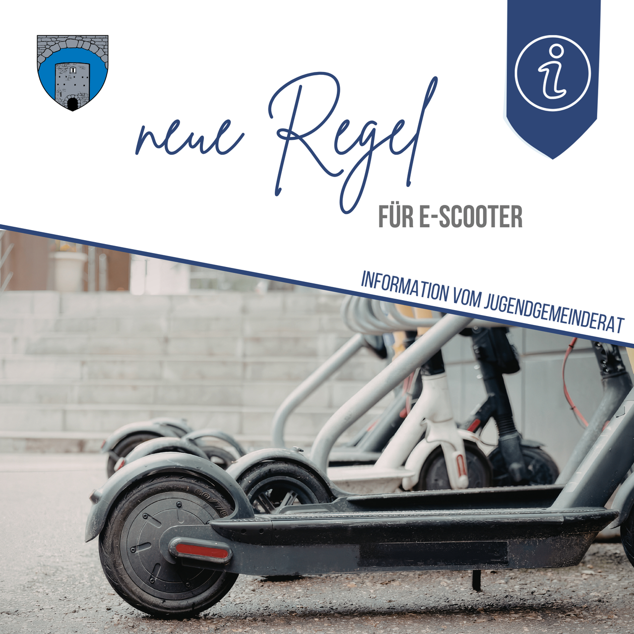 Plakat mit neuen E-Scooter-Regeln, mit Logo, Text und mehreren Rollern auf einer Betonfläche.