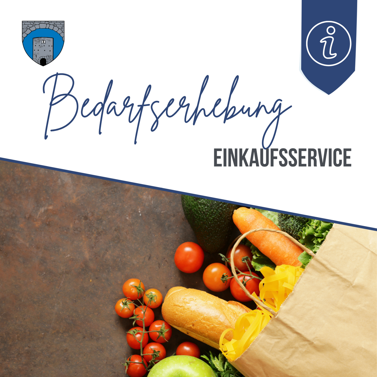 Werbung für einen Einkaufsservice mit einer Tüte Lebensmittel und Gemüse auf braunem Hintergrund.