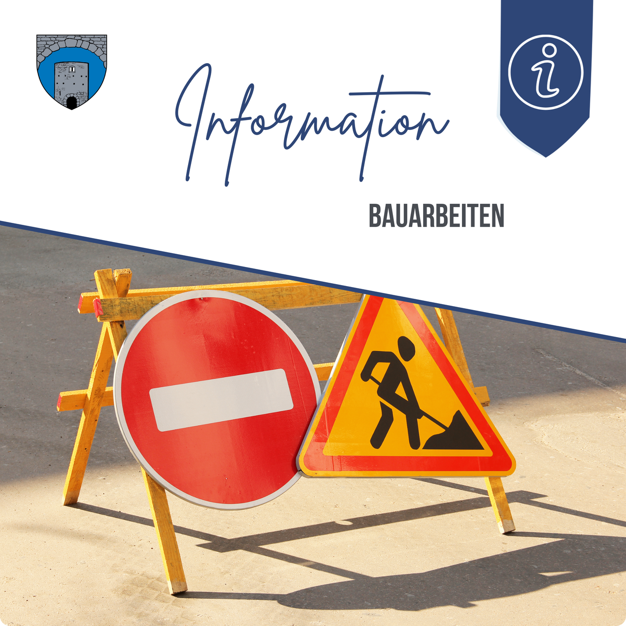 Ein Schild mit einem roten Kreis und einer weißen Linie steht neben einem gelben Dreiecksschild mit einer Person beim Graben. Beide Schilder stehen auf einem Holzständer und deuten wahrscheinlich auf Bau- oder Wartungsarbeiten hin.