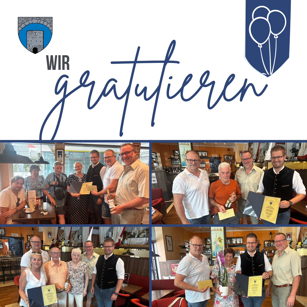 Eine Collage von Fotos, die eine Gruppe von Menschen in einem Restaurant zeigt, die Urkunden und Flaschen halten, mit einem blauen Luftballon-Logo und den Worten 'Wir gratulieren' oben.