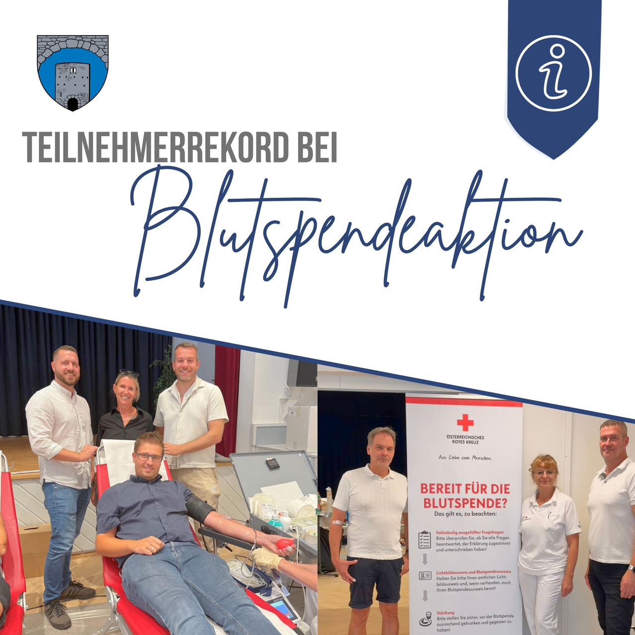 Eine Gruppe von Menschen versammelt sich für eine Blutspende-Veranstaltung. Ein Mann sitzt in einem Stuhl, während eine Gesundheitsfachkraft ihm Blut abnimmt. Ein anderer Mann steht daneben und beobachtet. Ein Banner mit dem Text 'Bereit für die Blutspende?' ist zu sehen.
