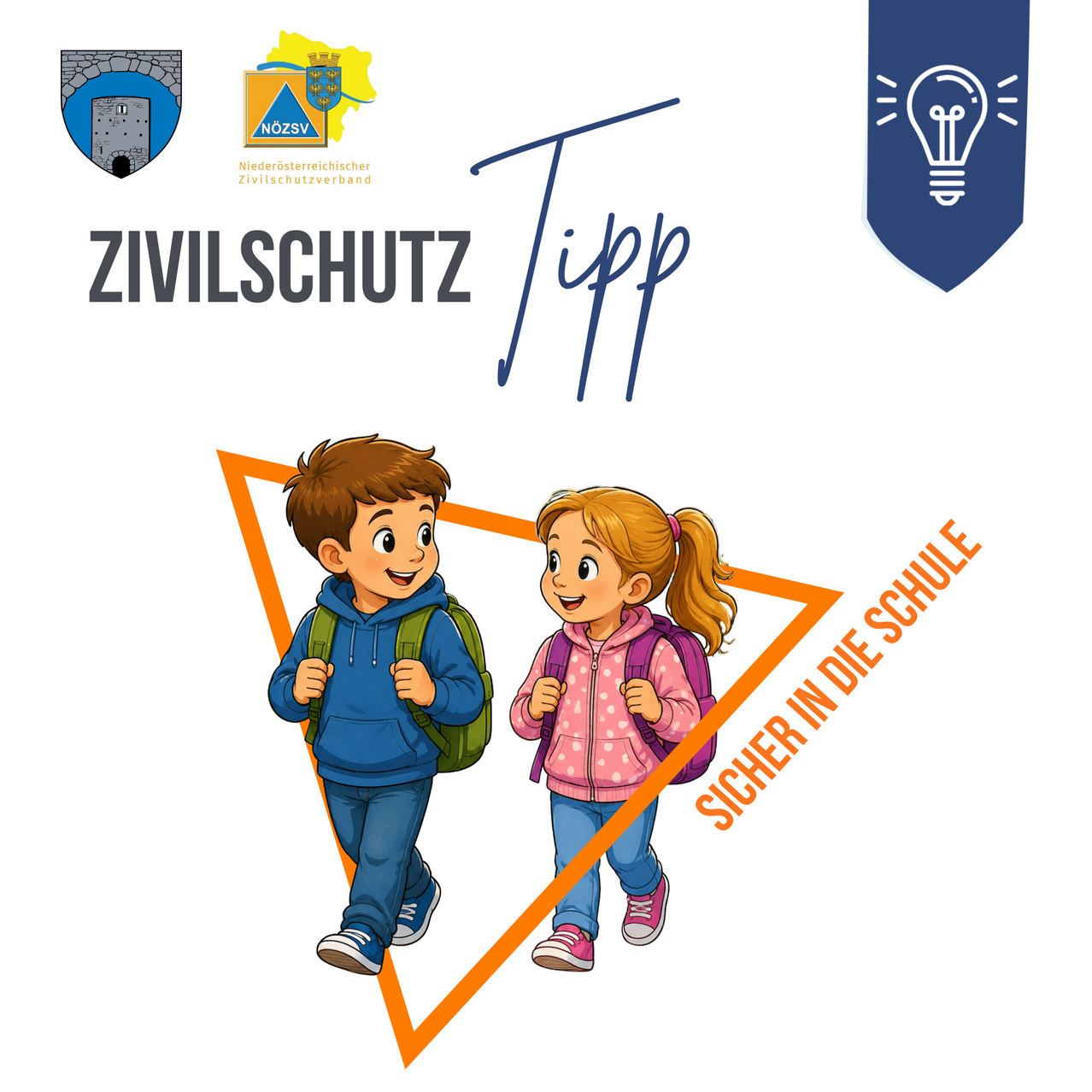An illustration of two children walking to school with backpacks, with a triangle and text overlay. The image features logos and a light bulb icon.
