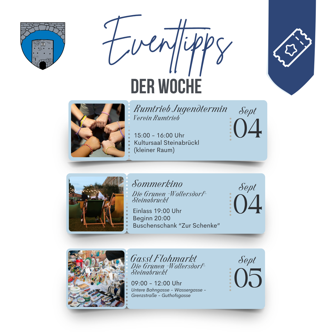 A poster advertising three events for the week, including a youth meeting, a summer party, and a flea market. Each event has a date, time, and location.