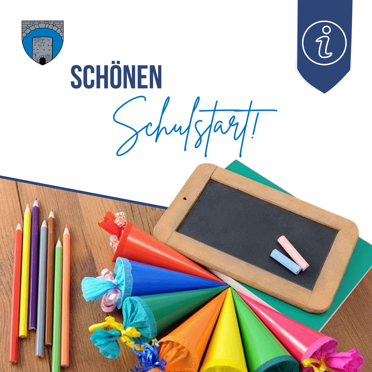 A wooden desk with a blackboard, colorful pencils, and party hats. The text 'SCHÜNEN Schulstart!' is displayed prominently.
