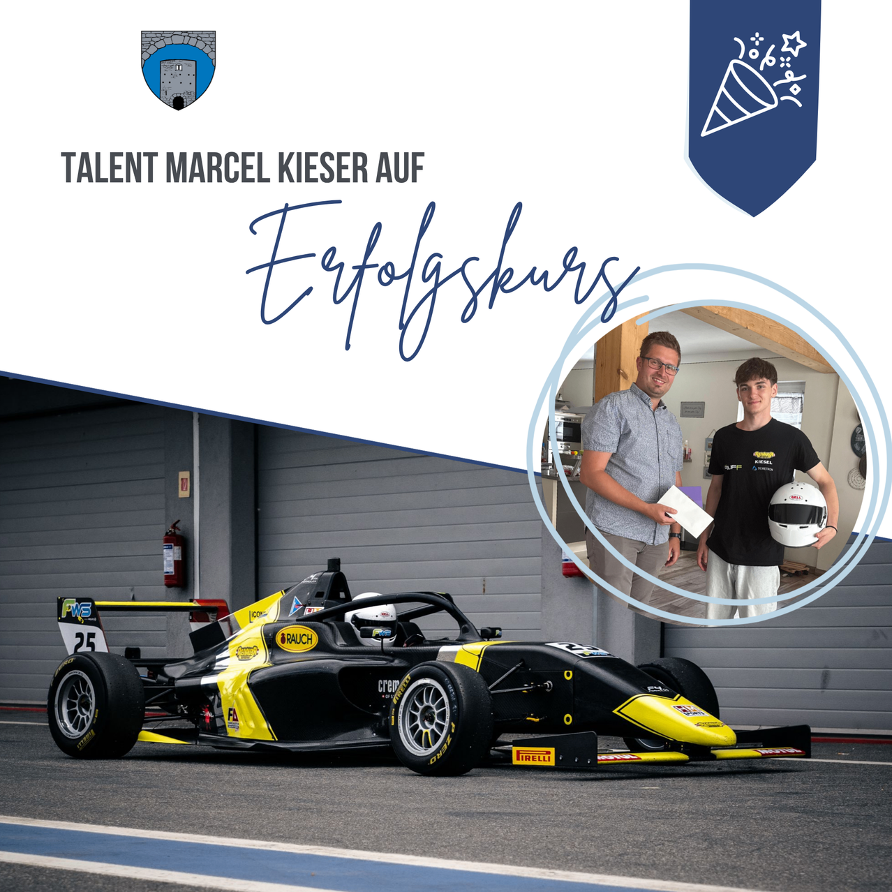 Marcel Kieser, mit Helm, steht mit einem Mann vor einem Rennwagen. Sie halten beide ein Zertifikat. Der Wagen hat die Nummer 25 und den Namen 'Brauch' an der Seite.