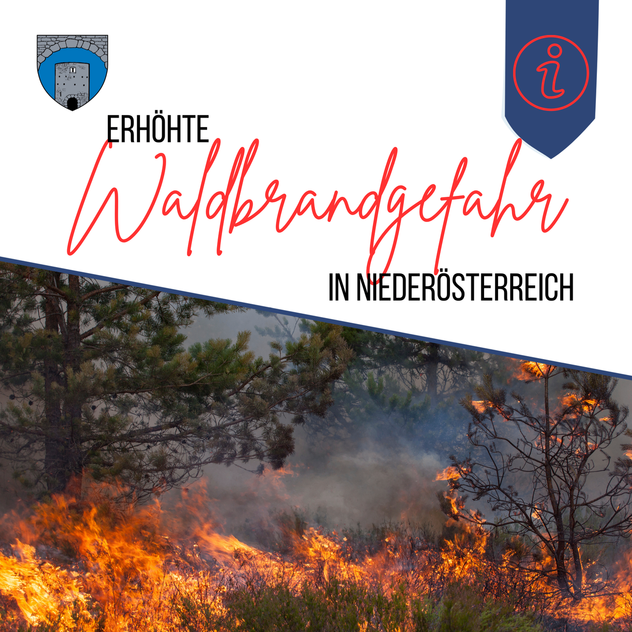 Ein Poster zeigt einen brennenden Wald mit den Worten 'Erhöhte Waldbrandgefahr in Niederösterreich' oben.