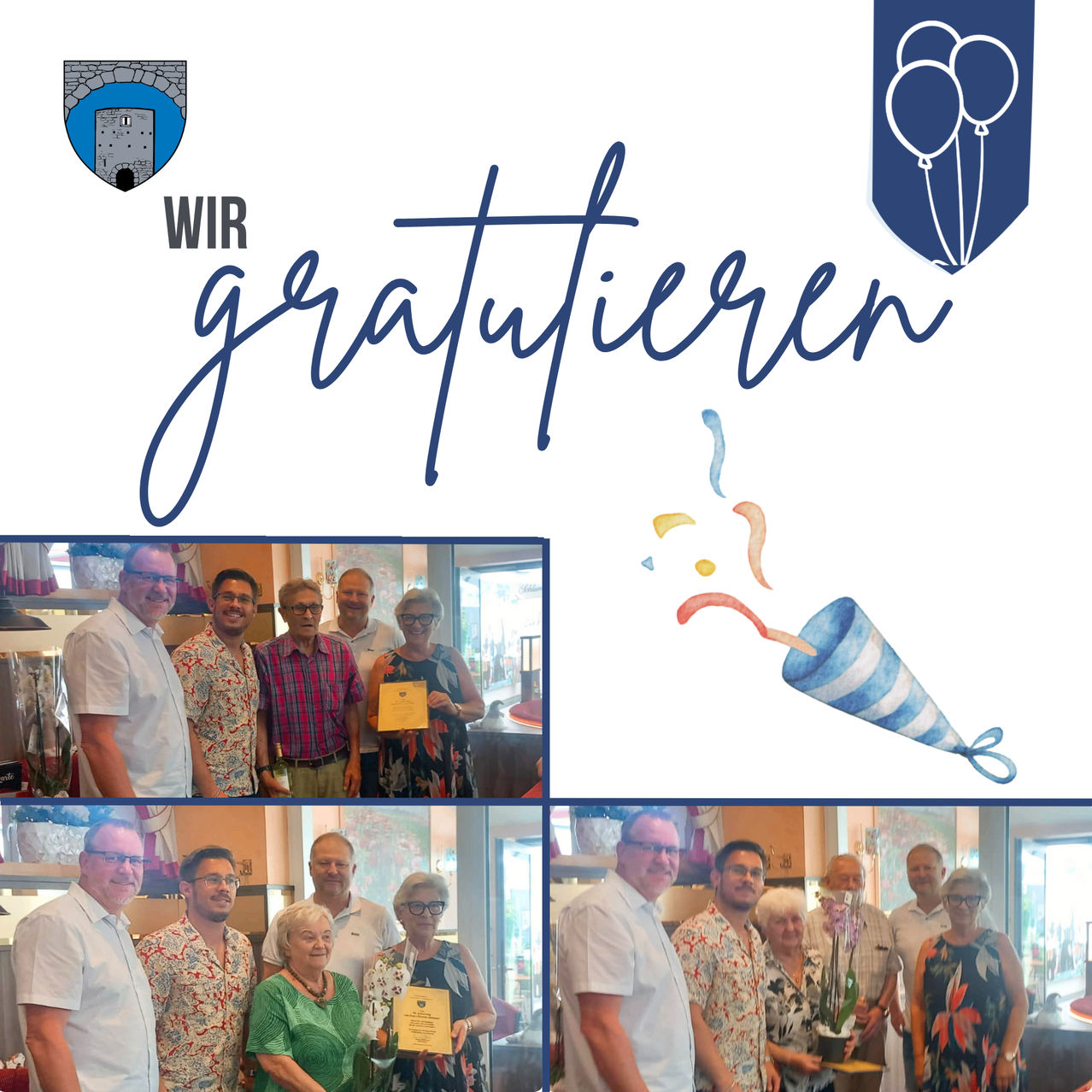 Eine Collage von Gruppenfotos mit lächelnden Menschen, die Urkunden halten. Die Worte 'WIR gratulieren' sind prominent in einer dekorativen Schrift angezeigt. Partyballons sind in den oberen Ecken dargestellt.