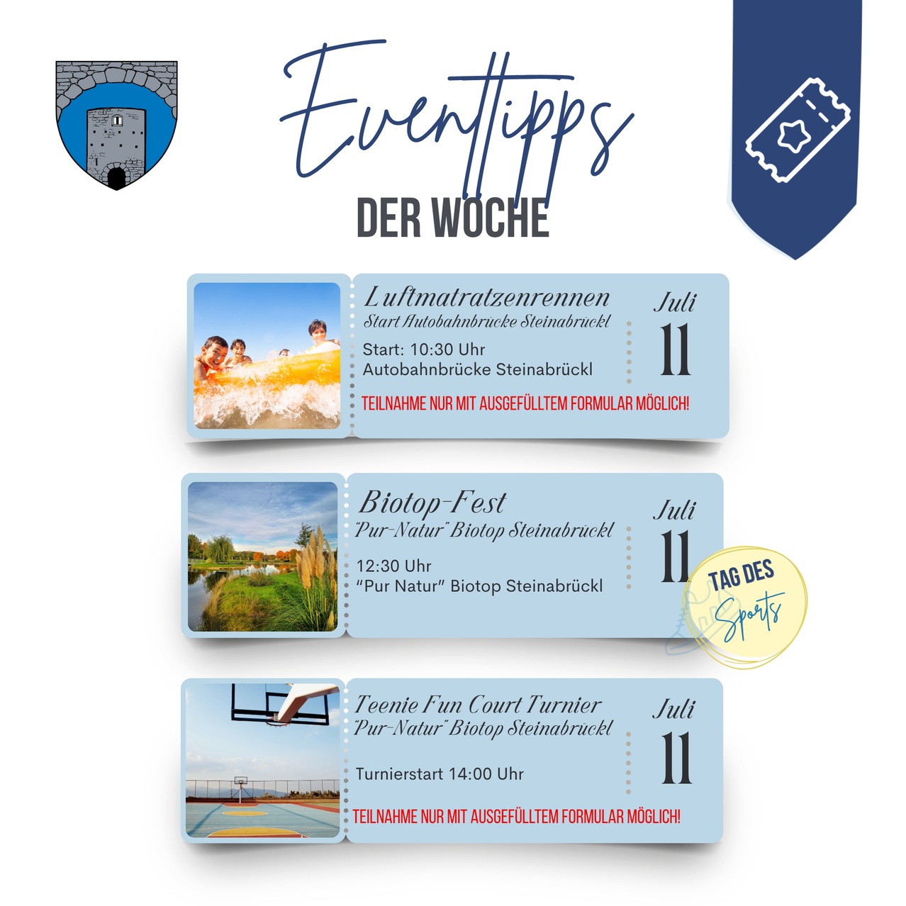 Eine Werbung für Eventtipps der Woche. Drei Veranstaltungen sind aufgelistet: Luftmaartenrennen, Biotop-Fest und Teenie Fun Court Turnier. Jede hat eine Startzeit und einen Ort.