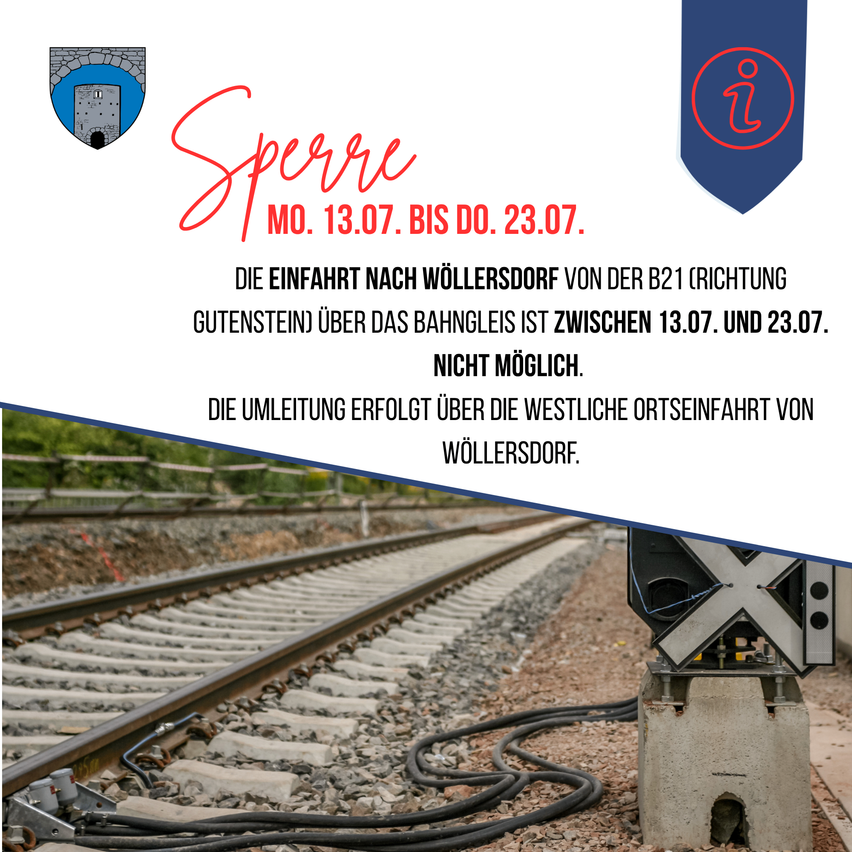 Ein Bild einer Eisenbahnstrecke mit einem Schild, das eine Sperrung vom 13. Juli bis 23. Juli anzeigt. Die Sperrung ist aufgrund von Bauarbeiten auf der B21-Straße. Züge werden über die westliche Seite von Wollersdorf umgeleitet.
