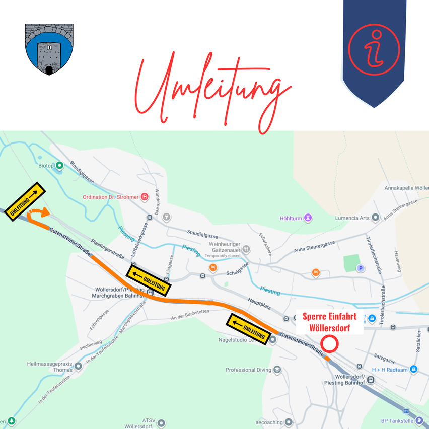Umleitung in Wöllersdorf, Sperre Einfahrt, Marktgemeindeamt, Niederösterreich