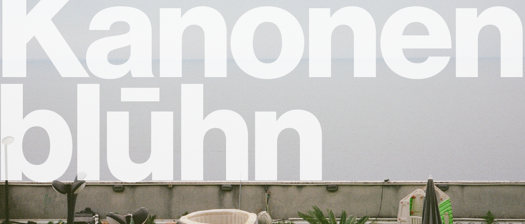 Eine Dachszene mit Kunstrasen, einem schwarzen Regenschirm und einem Topf mit Pflanze. Es gibt eine aufblasbare Wanne, einen Holzzaun und eine Seesicht. Der Text 'Wo die Kanone bluhn' steht in Weiß.