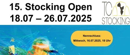 Plakat für eine Sportveranstaltung mit einem farbenfrohen abstrakten Design und einem Tennisspieler. Es enthält zwei Daten: Mittwoch, 16.07.2025, 18 Uhr und Freitag, 25.07.2025, 18 Uhr. Es listet auch Matchdetails und Sponsoren auf.