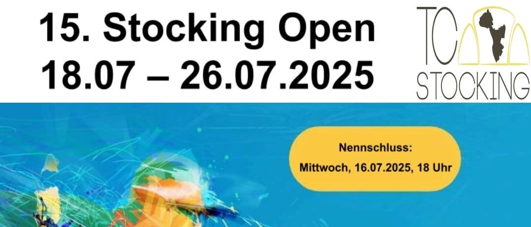 Plakat für eine Sportveranstaltung mit einem farbenfrohen abstrakten Design und einem Tennisspieler. Es enthält zwei Daten: Mittwoch, 16.07.2025, 18 Uhr und Freitag, 25.07.2025, 18 Uhr. Es listet auch Matchdetails und Sponsoren auf.
