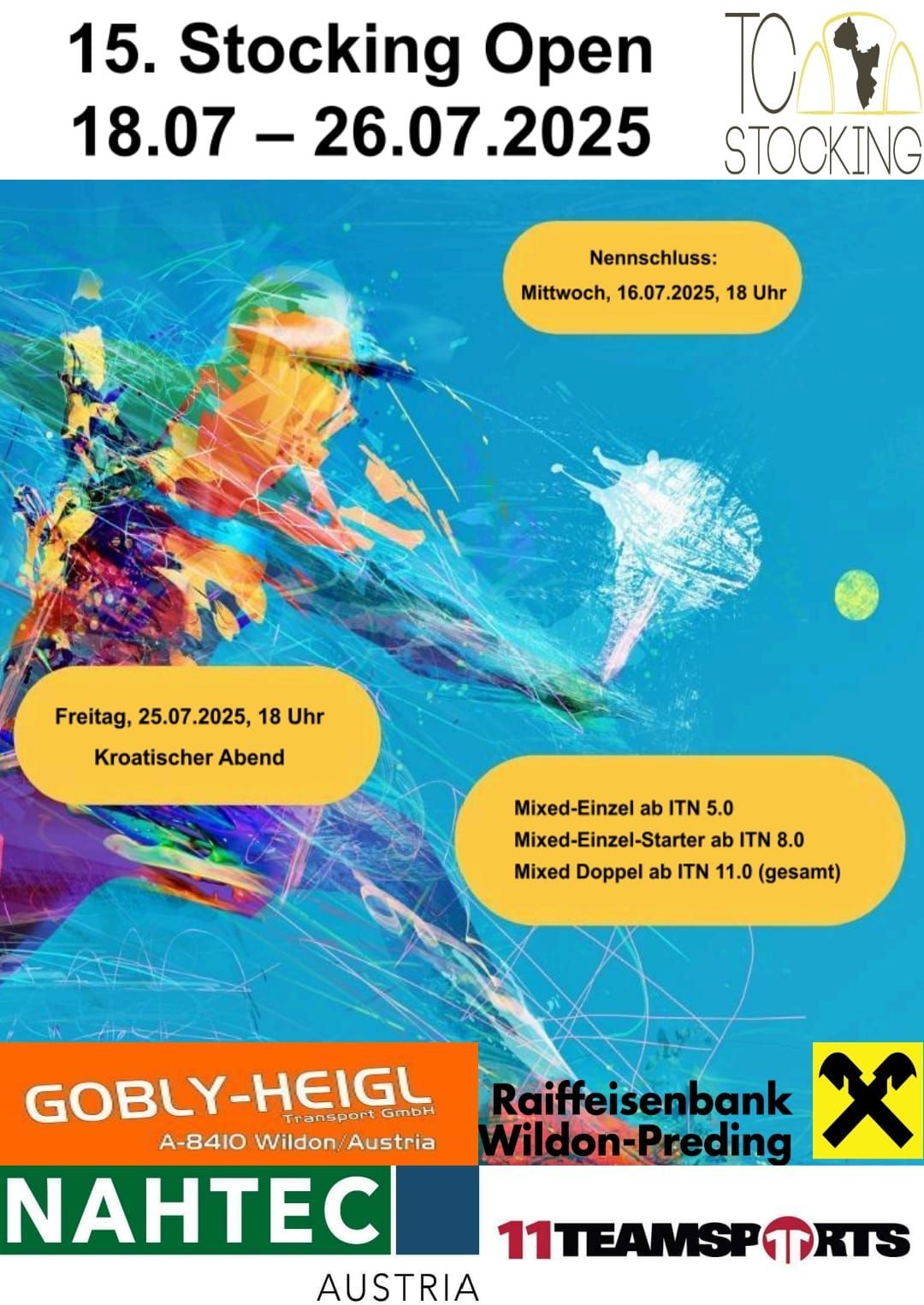 Ein Plakat für einen kroatischen Tennisabend, das ein lebendiges Bild eines Spielers in Aktion zeigt. Daten und Uhrzeiten für die Abschlusszeremonie und die Hauptveranstaltung werden angegeben.