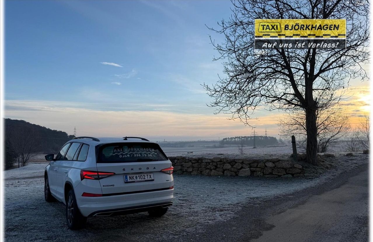 Ein weißer Skoda mit dem Kennzeichen NK 102 TX ist auf einem Schotterweg geparkt. Ein blattloser Baum ist in der Nähe. Der Himmel ist blau mit einigen Wolken. Es gibt ein gelbes Schild mit dem Text 'TAXI BJORK' und dem Satz 'Auf uns ist'.