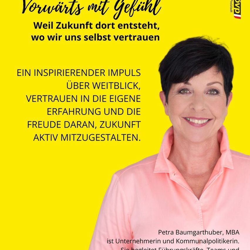 A poster with a woman and text about future, trust, and active participation. The woman smiles and wears a pink shirt. The poster has a yellow background.