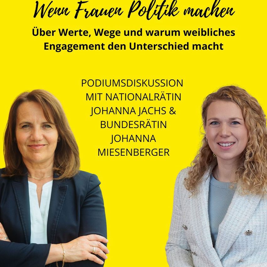 Two women are standing and smiling in front of a yellow background. They are discussing politics. The text above them reads 'Wenn Frauen Politik machen'.