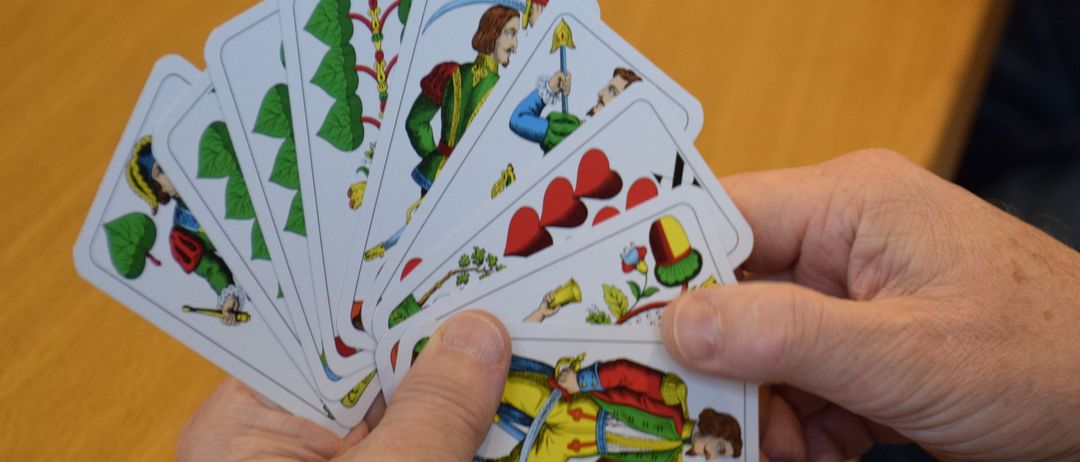 Eine Person hält ein Kartenspiel mit verschiedenen Illustrationen, darunter ein Mann mit einem Schwert.