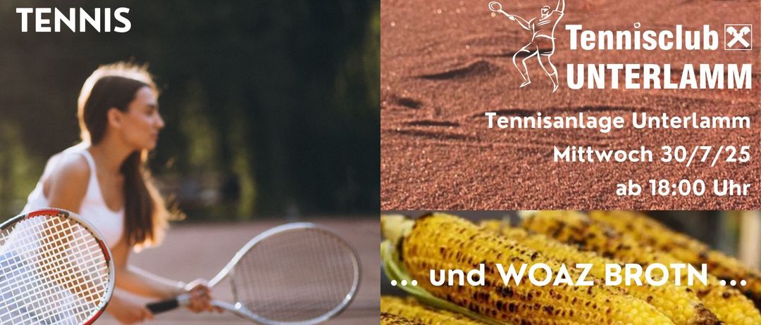 Eine Werbung für Nachttennis mit einem Tennisspieler-Symbol und Textüberlagerung auf einem roten Sandplatz und Maiskolben.