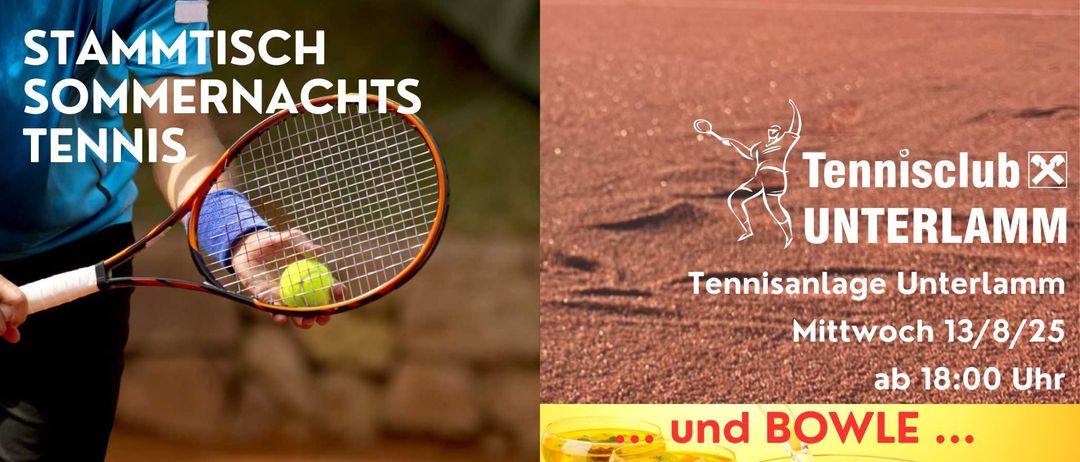 Werbung für Tennisnacht-Event. Es zeigt einen Tennisspieler, Tennisplatz und Tennisschläger. Der Platz ist sandig und Tennisgetränke werden in Gläsern serviert.