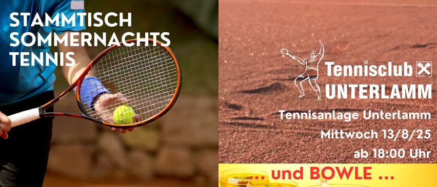 Werbung für Tennisnacht-Event. Es zeigt einen Tennisspieler, Tennisplatz und Tennisschläger. Der Platz ist sandig und Tennisgetränke werden in Gläsern serviert.