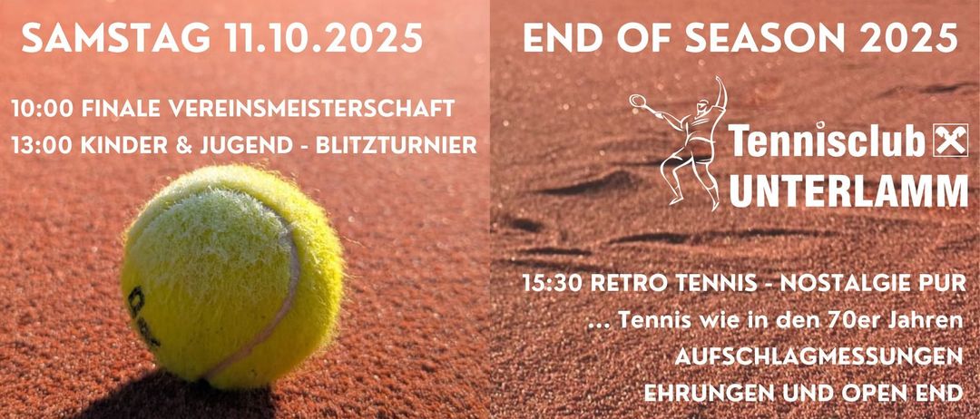 Tennisveranstaltungsankündigung für den 11. Oktober 2025. Zeigt einen Tennisball auf einem Platz, Retro-Tennis-Thema und einen Spieler in Aktion.