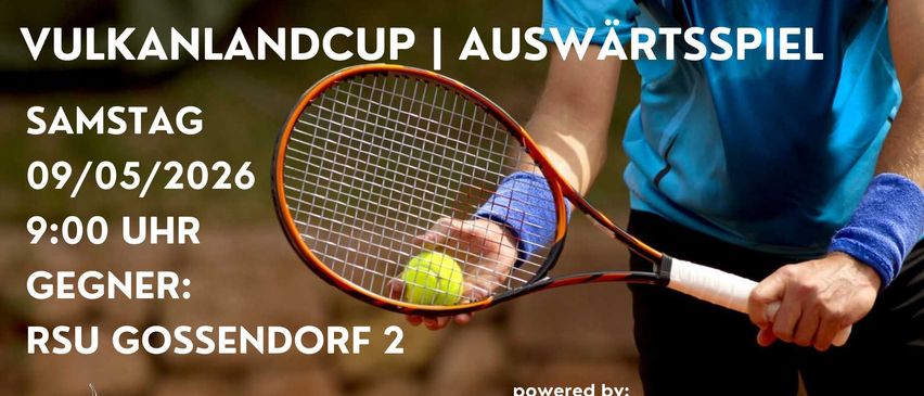 Ein Tennisspieler hält einen Schläger mit einem Tennisball bereit zum Aufschlag. Der Text lautet 'LANDCUP AUSWART' und 'SENDORF 2'. Das Bild wird von Bank Burg gesponsert.
