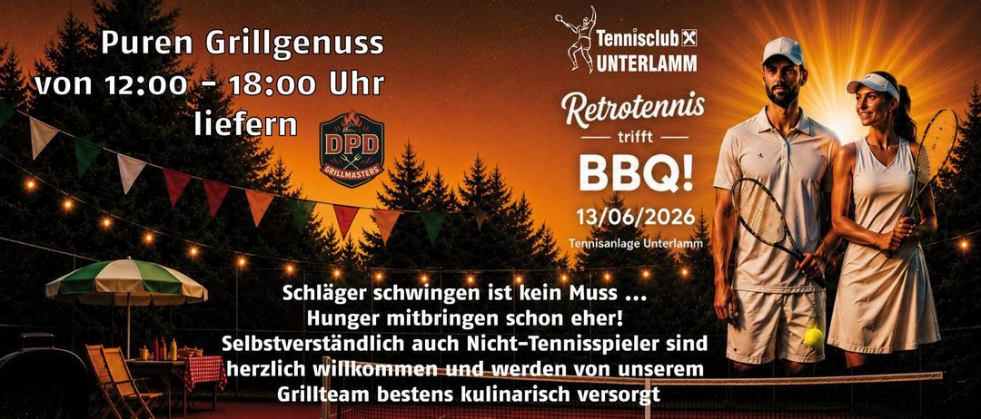 Tennisspiel unter den Sternen im Tennisclub Unterlamm am 13/06/2026. Die Veranstaltung beinhaltet BBQ von DDP Grillmasters, offen von 0:00 bis 18:00 Uhr. Tennisspieler und Nicht-Tennisspieler sind herzlich willkommen.
