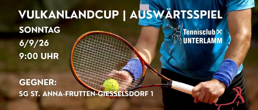Ein Tennisspieler in Blau hält einen Tennisball in der Hand, bereit zum Aufschlag. Das Bild zeigt einen Tennisschläger und den Text 'Tennis Unterlandcup'.