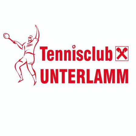 Rotes Logo für Tennisclub Unterlamm mit einem Tennisspieler in Aktion, der Text in fetter roter Schrift.