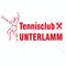 Rotes Logo für Tennisclub Unterlamm mit einem Tennisspieler in Aktion, der Text in fetter roter Schrift.