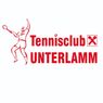 Rotes Logo für Tennisclub Unterlamm mit einem Tennisspieler in Aktion, der Text in fetter roter Schrift.