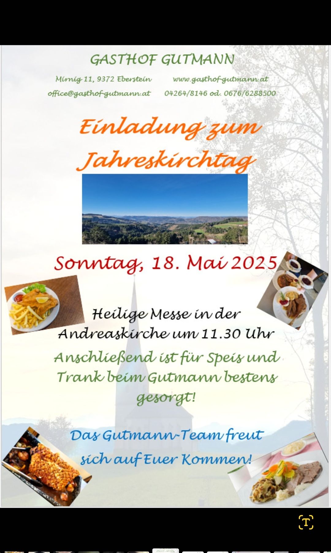 Einladung zum Jahreskirchenfest. Am Sonntag, 18. Mai 2025, findet um 11:30 Uhr eine heilige Messe in der Andreaskirche statt. Anschließend gibt es bei Gutmann Essen und Trinken.
