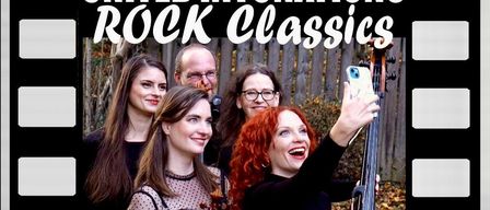 Plakat für Rock Classics-Veranstaltung im Kulturhaus Enzenreith am 24. April 2026. Vier Personen, zwei spielen Geige und eine Cello, eine Frau macht ein Foto. Tickets €24, erhältlich im Gemeindeamt Enzenreith.