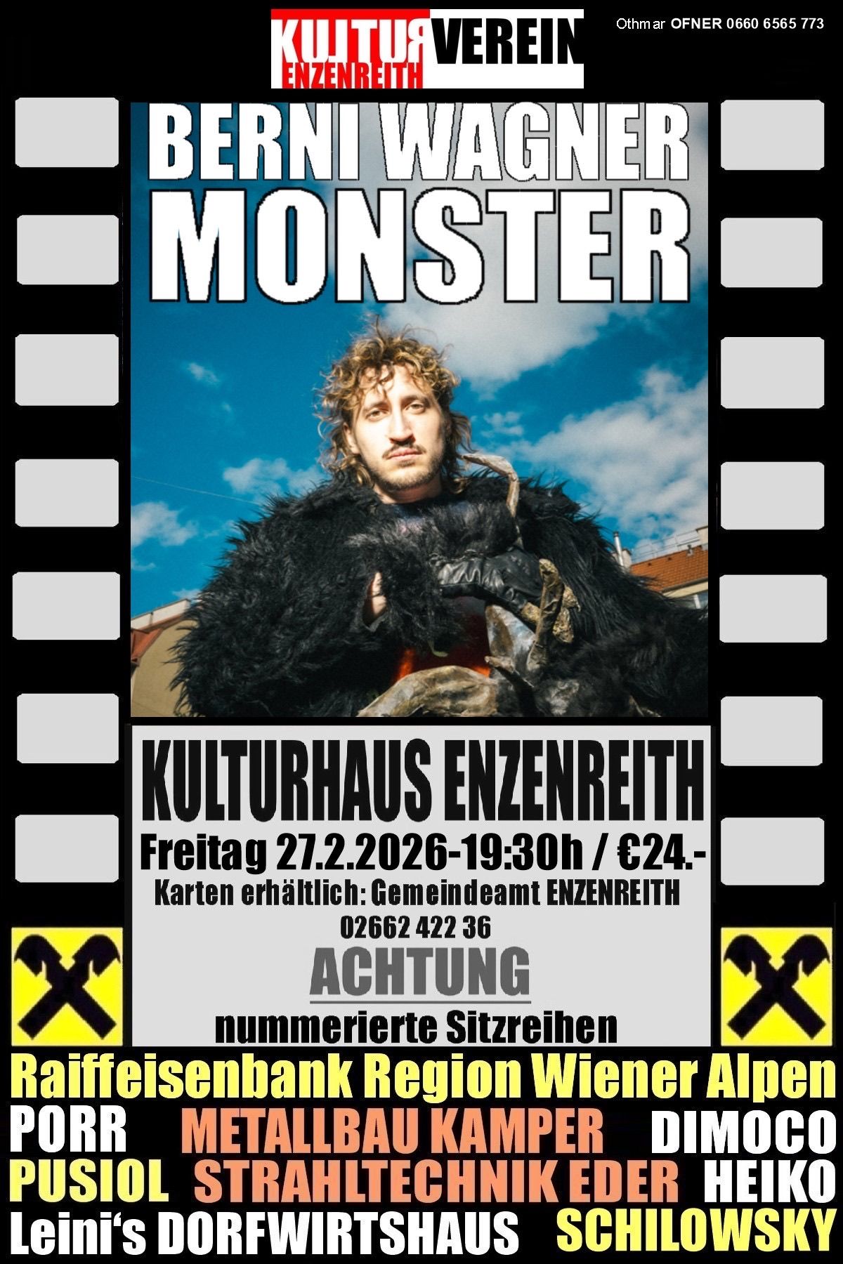 Plakat für eine Monster-Veranstaltung im Kulturhaus Enzenreith am Freitag, 27. Februar 2026, von 19:30 Uhr bis 19:30 Uhr. Tickets kosten 24 €. Tickets erhältlich im Gemeindeamt.