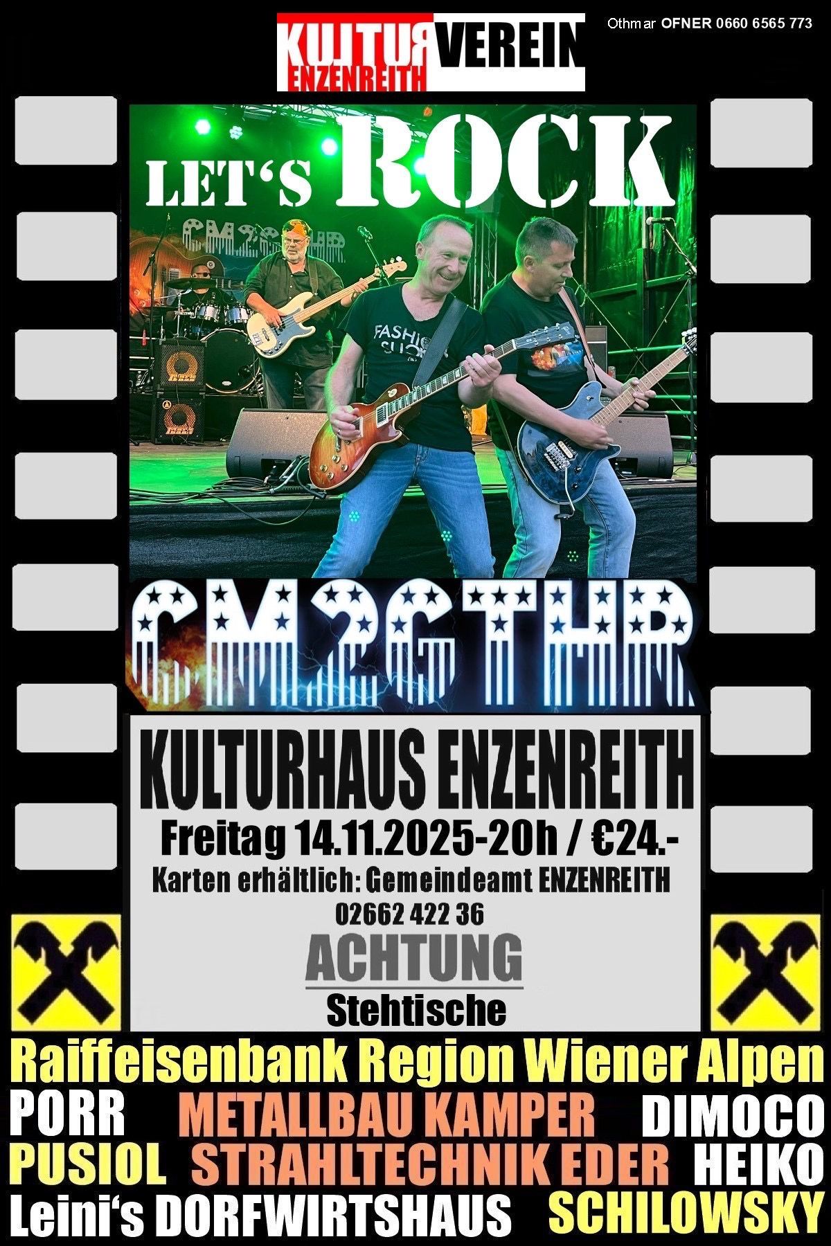 Ein Plakat für ein Konzert mit drei Gitarristen auf der Bühne mit Lautsprechern und Schlagzeug. Der Text lautet 'CM2GTH', 'KULTTURHAUS ENZENREITH', 'Freitag 14.11.2025-20h' und ' Karten erhältlich: Gemeindeamt ENZENREITH'.