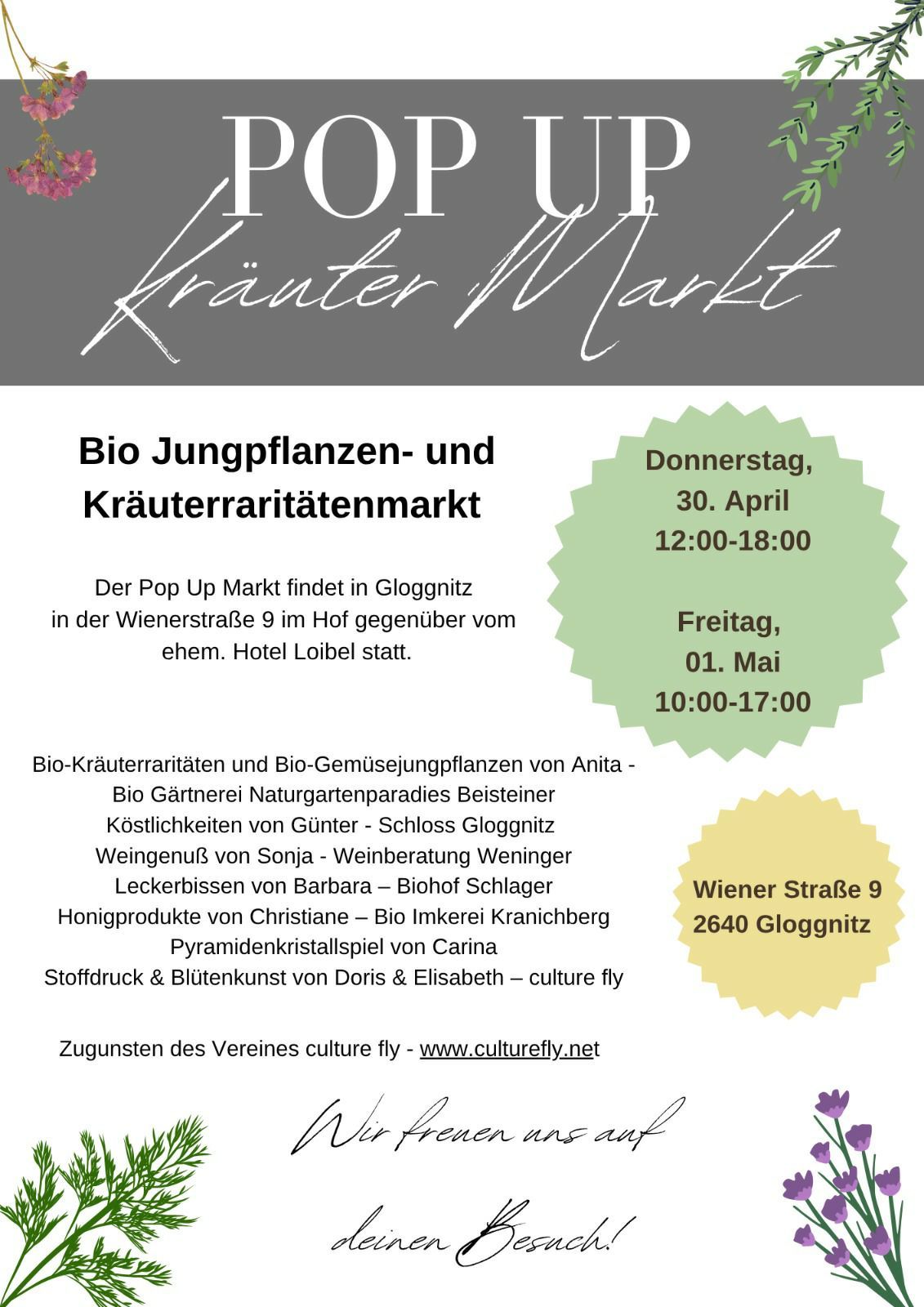 A poster for a pop-up market in Gloggnitzer, featuring bio herbs and young plants. Dates and times are listed.