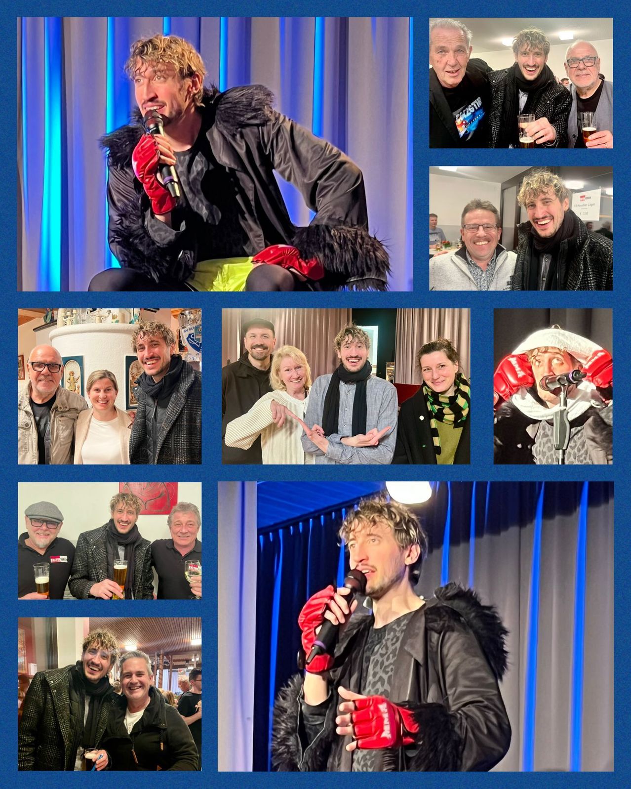 A collage of photos featuring a man in a black jacket singing into a microphone, smiling faces, and people in various settings.
