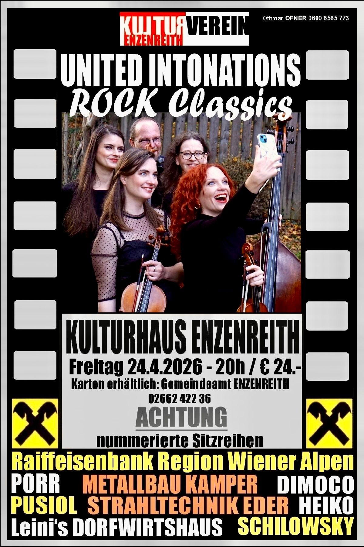 Poster for Rock Classics featuring four musicians playing violins and a cello. The event is at Kulturhaus Enzenreith on Friday, April 24, 2026, starting at 8 PM. Tickets are 24 euros.