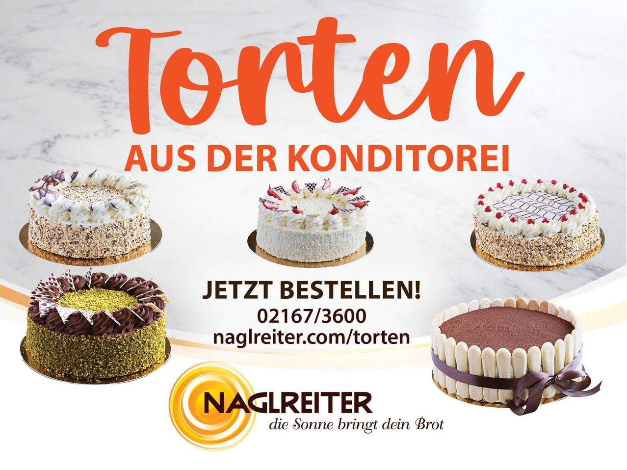 An advertisement for Torten Aus Der Konditorei. Five different cakes are shown. Order number and website are provided. Phone number and website are provided.