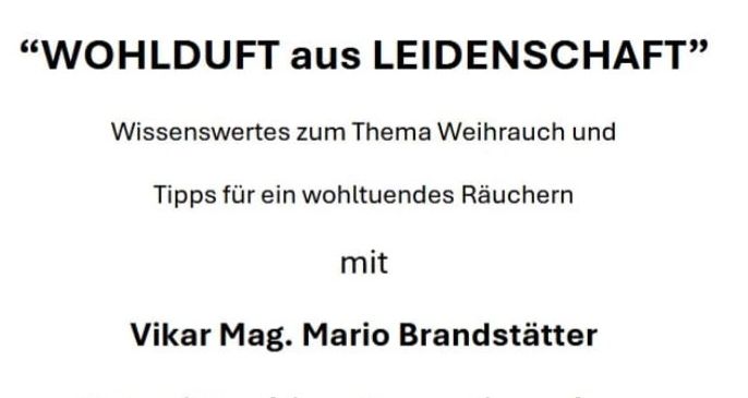 Das Plakat für das Generationenhaus in Jagerberg. Es bewirbt eine 'WOHLDUFT aus LEIDENSCHAFT' Veranstaltung mit Informationen zum Weihnachtsrauch und Tipps zum wohltuenden Rauchen, mit Vikar Mag. Mario Brandstätter. Die Veranstaltung ist frei und findet am Donnerstag, 11. Dezember 2025, um 16 Uhr statt.