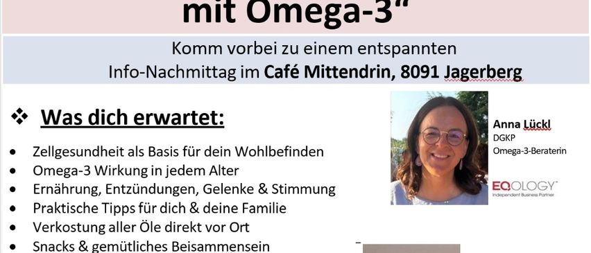 Poster for an Omega-3 informative evening in Jagerberg. Features Anna Lickl, Omega-3 advisor, and Martina Nagler, Omega-3 trainer. Event includes free participation, registration required, and will be held on Friday, January 23 at 4:00 PM.